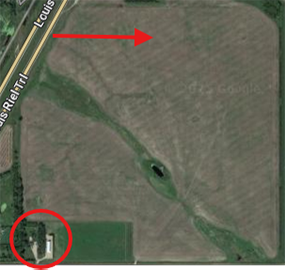 Red circle highlighting author's childhood home. Red arrows highlighting direction of people’s stares as they drive to their cabins at their lake (Matthew Braun/NCC)