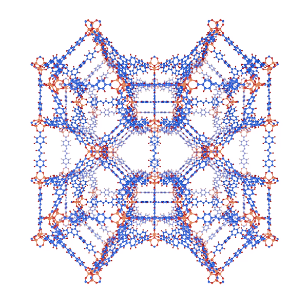 Animated sequence of a stylised 3D view of MOF DUT-60 molecule rotating.