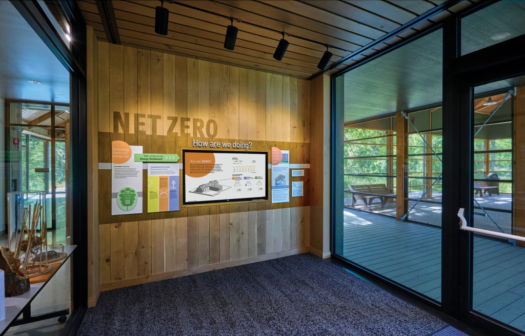 The REC’s Medline Gallery foyer contains a real-time energy dashboard showing how the structure generates and uses energy. Photo © John Weinstein.